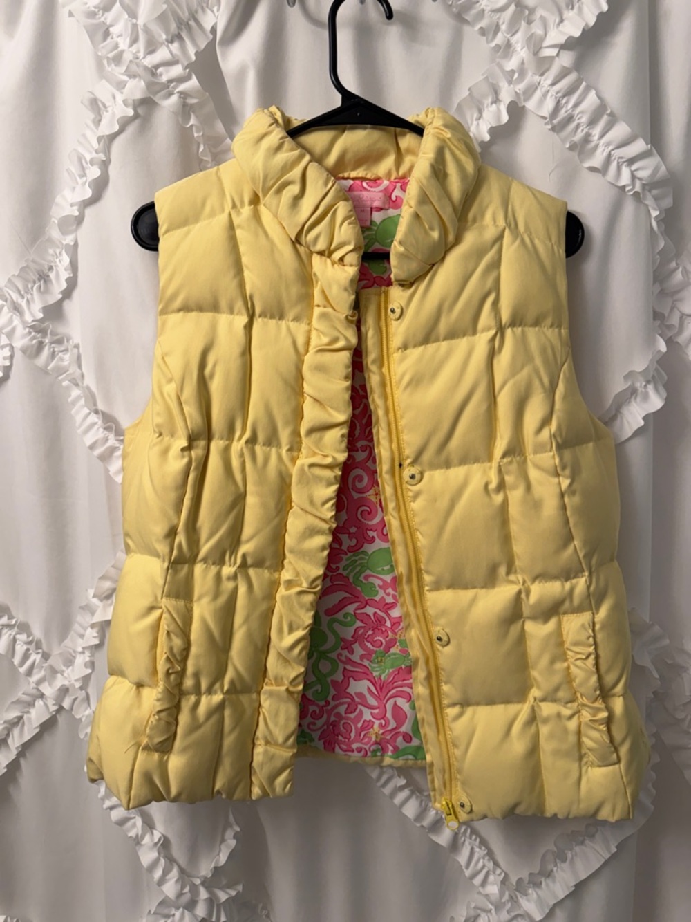 Lilly Pulitzer Pale Yellow Puffer Vest with Pink Floral Lining